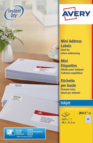 Etiket Avery J8651-25 38.1x21.2mm wit 1625stuks 25 Vel