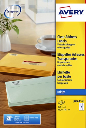 Etiket Avery J8560-25 63.5x38.1mm tr 525stuks 25 Vel