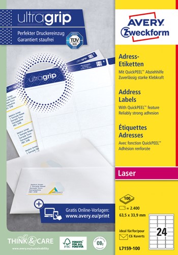 Etiket Avery L7159-100 63.5x33.9mm wit 2400stuks 100 Vel