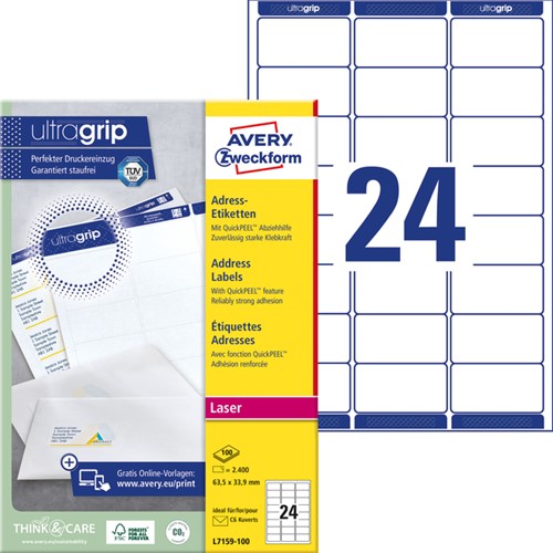 Etiket Avery L7159-100 63.5x33.9mm wit 2400stuks 100 Vel-2