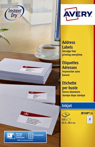 Etiket Avery J8160-10 63.5x38.1mm wit 210stuks 10 Vel