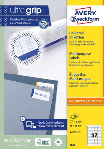 Etiket AZ 3650 48x21mm wit 5200stuks 100 Vel