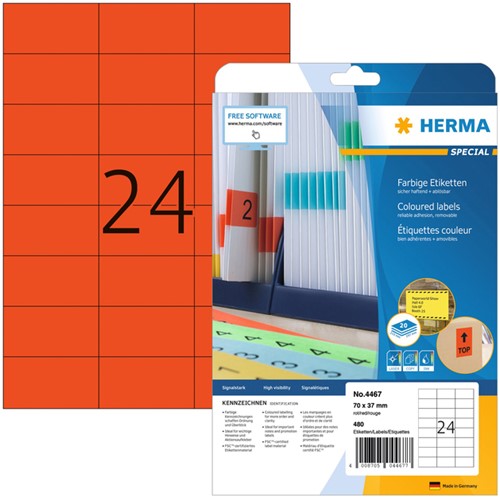 Etiket HERMA 4467 70x37mm verwijderbaar rood 480st 20 Vel