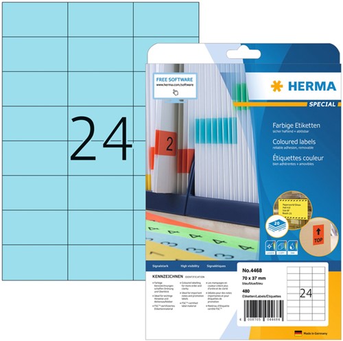 Etiket HERMA 4468 70x37mm verwijderb blauw 480st 20 Vel