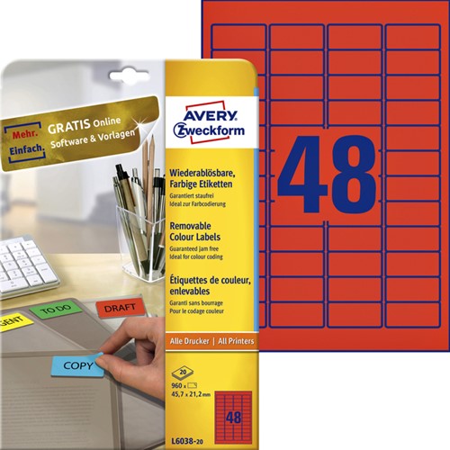 Etiket Avery L6038-20 45.7x21.2mm rood 960st 20 Vel