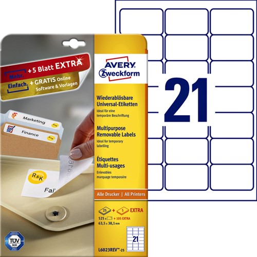 Etiket Avery L6023REV-25 63.5x38.1mm wit 525stuks 25 Vel