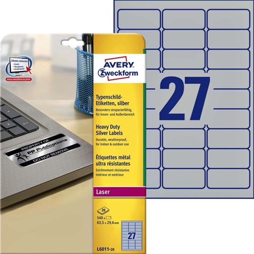 Etiket Avery L6011-20 63.5x29.6mm zilver 540stuk 20 Vel