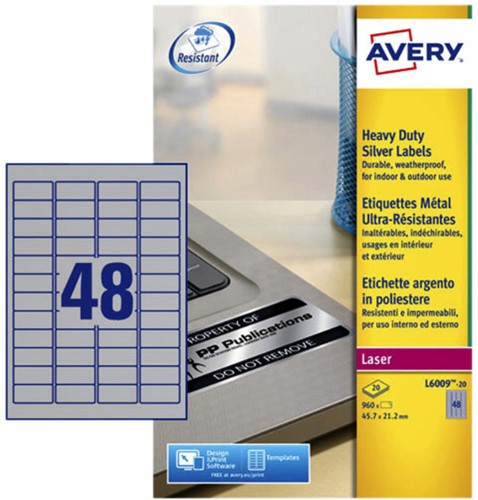 Etiket Avery L6009-20 45.7x21.2mm zilver 960st 20 Vel