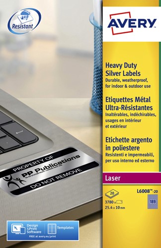 Etiket Avery L6008-20 25.4x10mm zilver 3780st 20 Vel-2