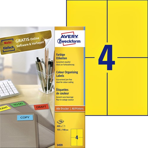 Etiket Avery 3459 105x148mm A6 geel 400st 100 Vel