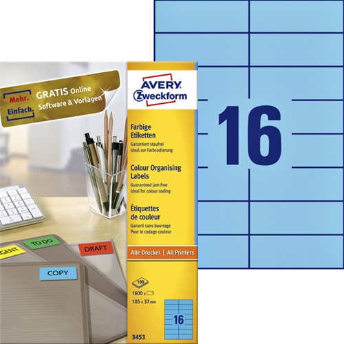Etiket Avery 3453 105x37mm blauw 1600st 100 Vel