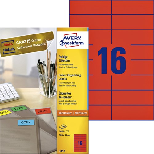 Etiket Avery 3452 105x37mm rood 1600st 100 Vel