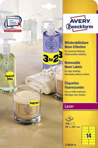 Etiket Avery L7263Y 99.1x38.1mm neon geel 350stuks 25 Vel