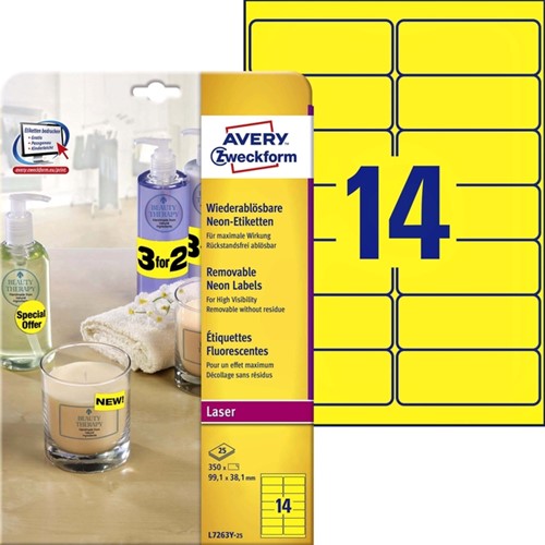 Etiket Avery L7263Y 99.1x38.1mm neon geel 350stuks 25 Vel-2