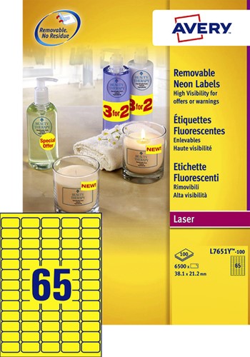 Etiket Avery L7651Y-100 38.1x21.2mm geel 6500stuks 100 Vel