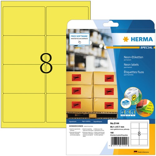 Etiket HERMA 5144 99.1x67.7mm neongeel 160st 20 Vel