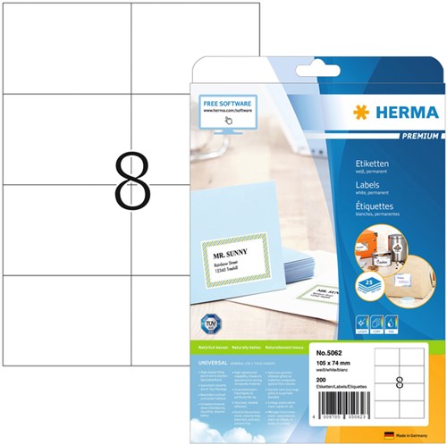 Etiket HERMA 5062 105x74mm premium wit 200stuks 25 Vel