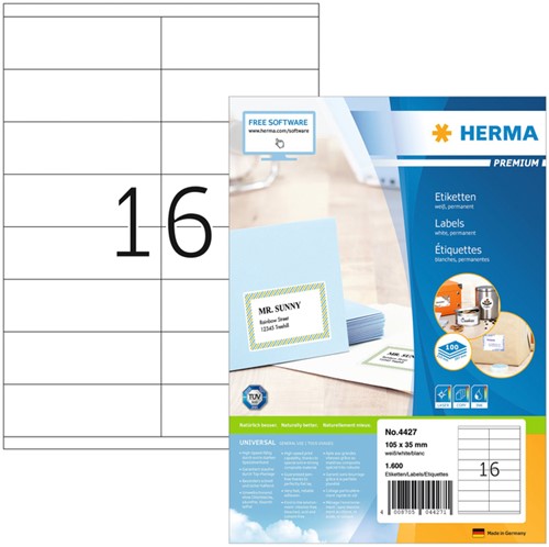 Etiket HERMA 4427 105x35mm premium wit 1600stuks 100 Vel