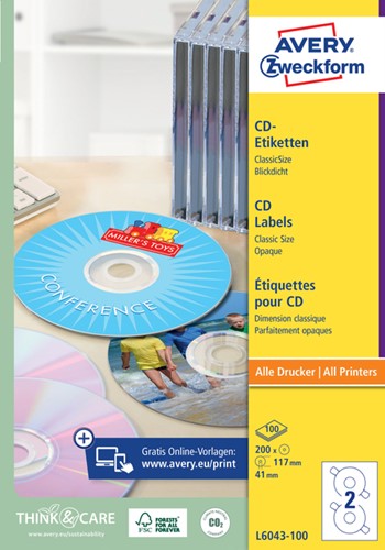 Etiket Avery L6043-100 CD wit 200stuks 100 Vel