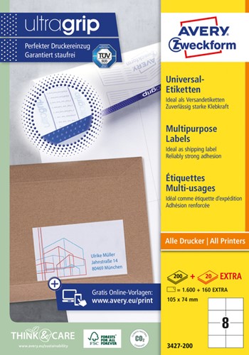 Etiket AZ 3427 105x74mm wit 1600stuks 200 Vel