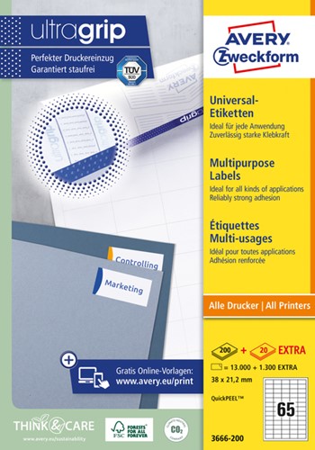 Etiket AZ 3666 38x21.2mm wit 13000stuks 200 Vel