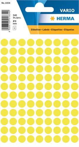 Etiket HERMA 1834 rond 8mm fluor geel 540stuks 5 Vel