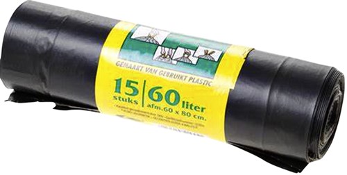 Vuilniszak Komo 60l trekband rol à 15st zwart 15 Stuk