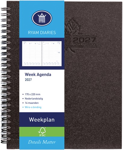 Agenda 2027 Ryam Weekplan Wire-o 7d/2p zwart 1 Stuk