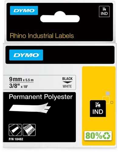 Labeltape Dymo Rhino industrieel polyester 9mm wit 1 Stuk