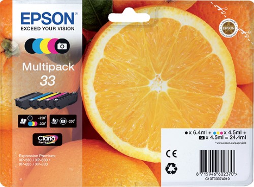Inktcartridge Epson 33 T3337 2x zwart + 3 kleuren 5 Stuk