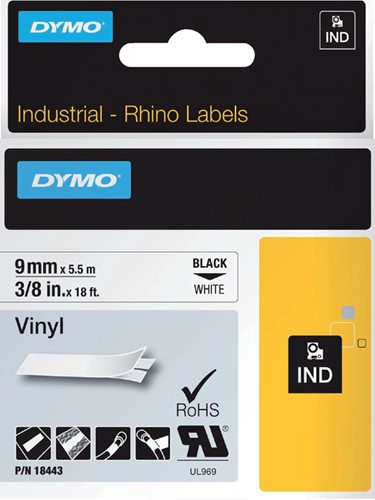 Labeltape Dymo Rhino industrieel vinyl 9mm wit 1 Stuk
