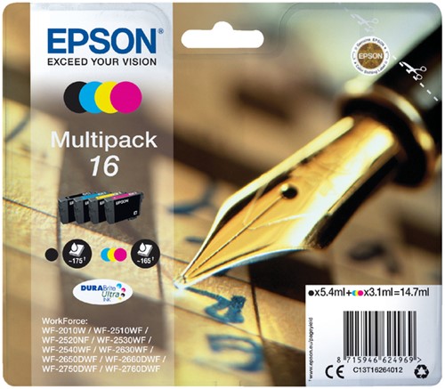 Inktcartridge Epson 16 T1626 zwart + 3 kleuren 4 Stuk