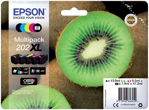 Inktcartridge Epson 202XL T02G74 zwart +3 kl +f-zw 5 Stuk